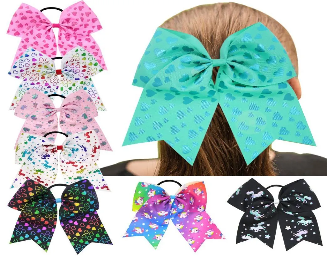 8pcslot 8quot Girl Large Cheer Hair Bows unicorn Ponytail Holder Elastic rubber band Hair Bows Bright color heart printed for V2898529