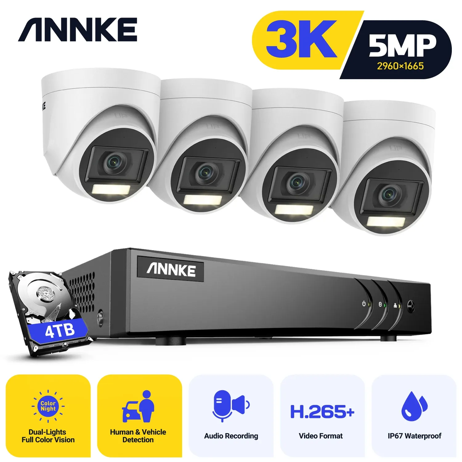 System Annke 8ch 5MP Security Camera System 5MP Lite 5in1 H.265+ DVR med 4st 5MP PIR HD Exir Dome IP67 Surveillance CCTV Kit