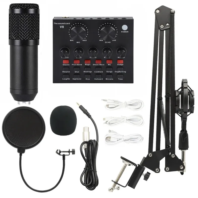 Microfones XLR Professional Microphone Condenser Mic V8 Sound Card PC Computer Audio USB Recording Studio Game Live Broadcast