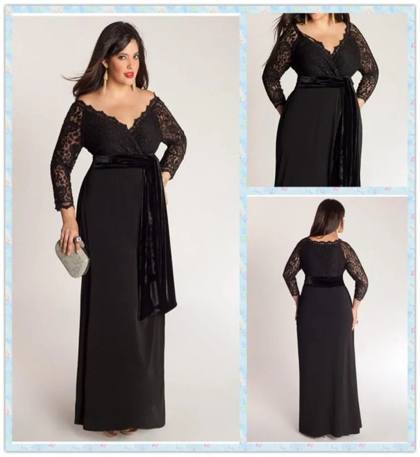 Elegant aline plus size specialtillfällen klänningar spetsar skärpning offshoulder vneck 34 långärmad anklelängd damer formella pro8914733