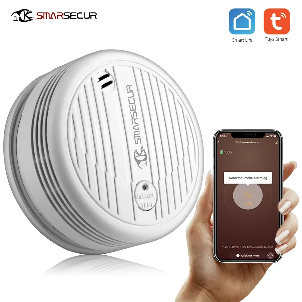 Detector SMARSECUR Wifi Smoke Detector Smoke Sensor Highly Sensitive For smart Life app control Power by Tuya