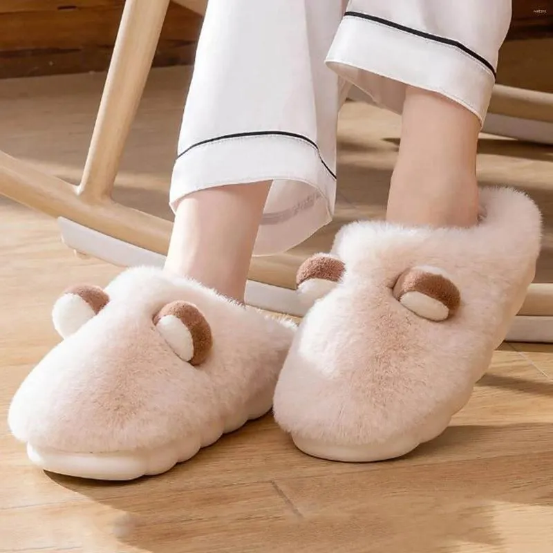 Slippers dames winter warme indoor huis niet -slip katoen ronde teen splitsen pluizige oren comfortabele damesschoenen