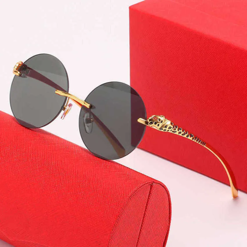 High quality fashionable sunglasses Men's Luxury Designer Women's Sunglasses rimless round decorative leopard head paint mirror leg personalized trend glasses