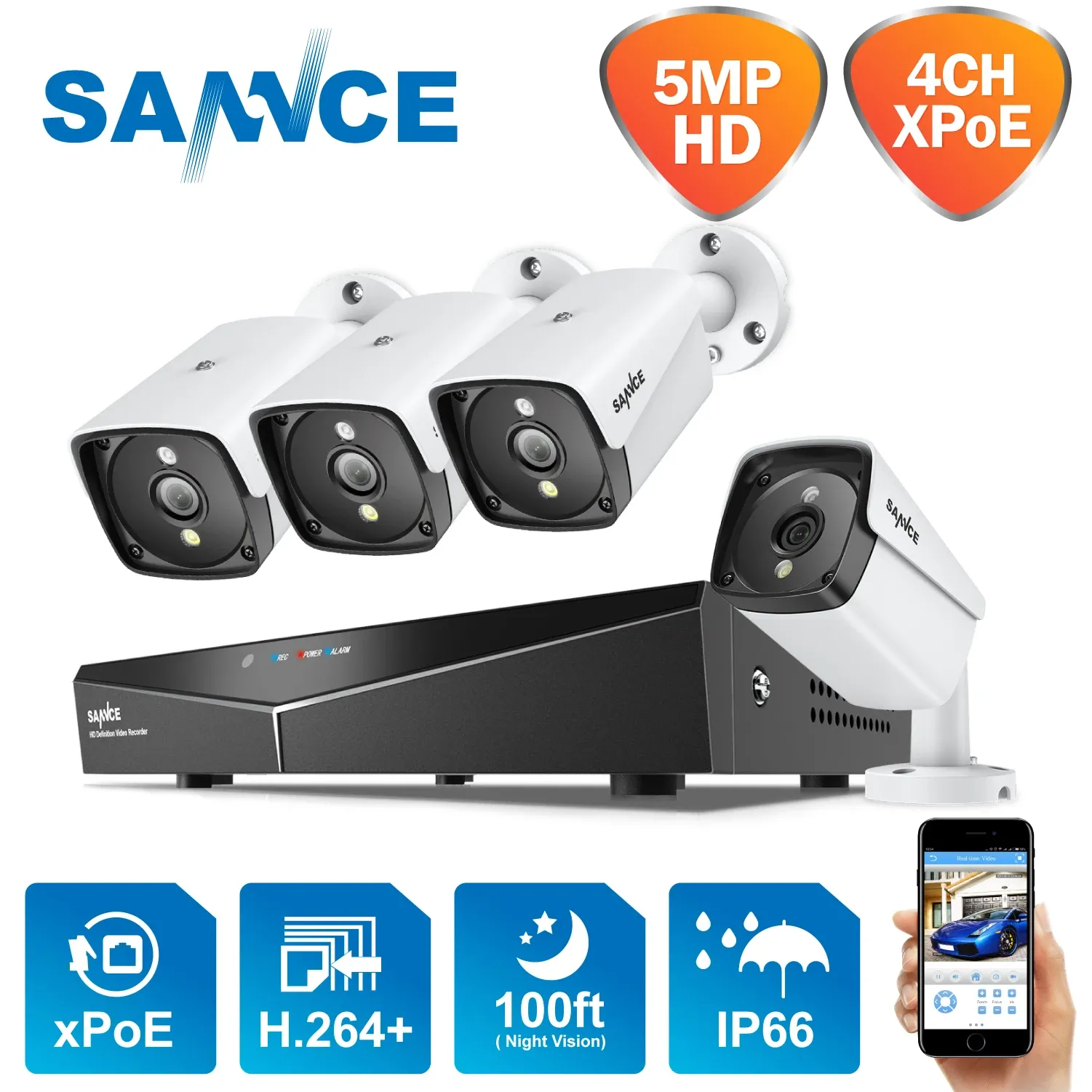 Système Sance 4CH 5MP XPOE HD VIDEO VIDEO SUMPROYANCE SYSTÈME H.264 + NVR avec des appareils photo IP 4x 5MP