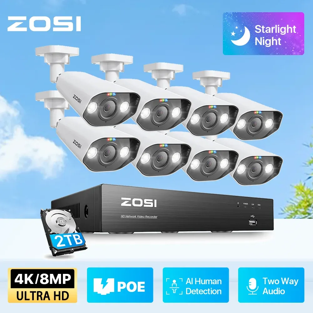 Imposta Kit Vide Surveillance Zosi 8CH Poe 4K 8MP 5MP Super HD Camere IP all'aperto AI Starlight Night Vision Vision CCTV Sistema di telecamere di sicurezza