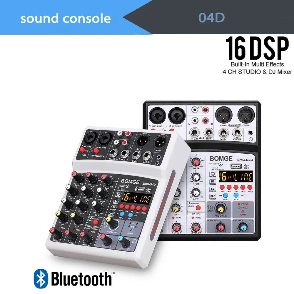 Équipement 4 canaux 16 DSP Audio Mixer USB Console d'interface de carte son avec Bluetooth 48V Phantom Power XLR Sortie équilibrée