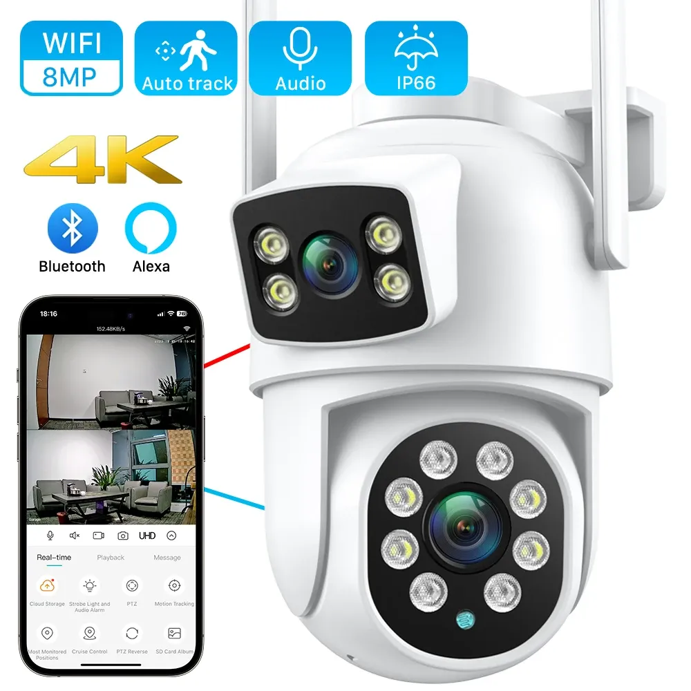 Kameras 4K 8MP PTZ WiFi Camera Dual Objektiv Dual Bildschirm 4x Digital Zoom IP -Kamera 4MP HD Auto Tracking Outdoor CCTV -Überwachung ICSEE App