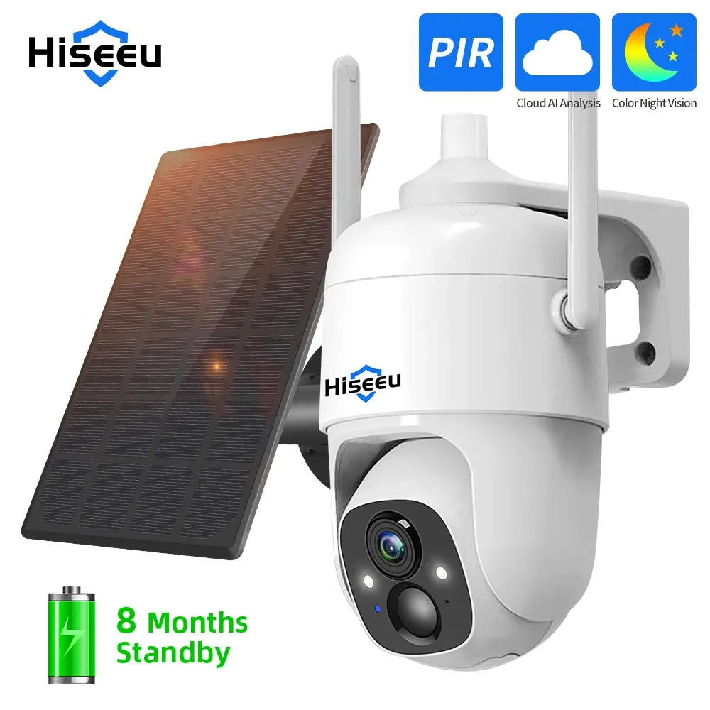 Câmeras HisEeu 3MP Cloud AI Wi -Fi Video Security Surveillance Câmera Bateria recarregável com painel solar Pan de pan de inclinação externa sem fio