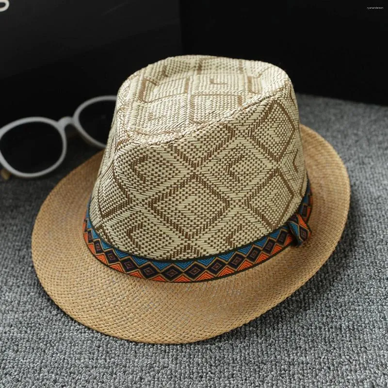 Wide Brim Hats Panama Straw Jazz Hat Summer 2024 Beach Sun Men Fedoras Plaid Fashionable Women Sunhat Chapeau Paille Short Sleeve Cap