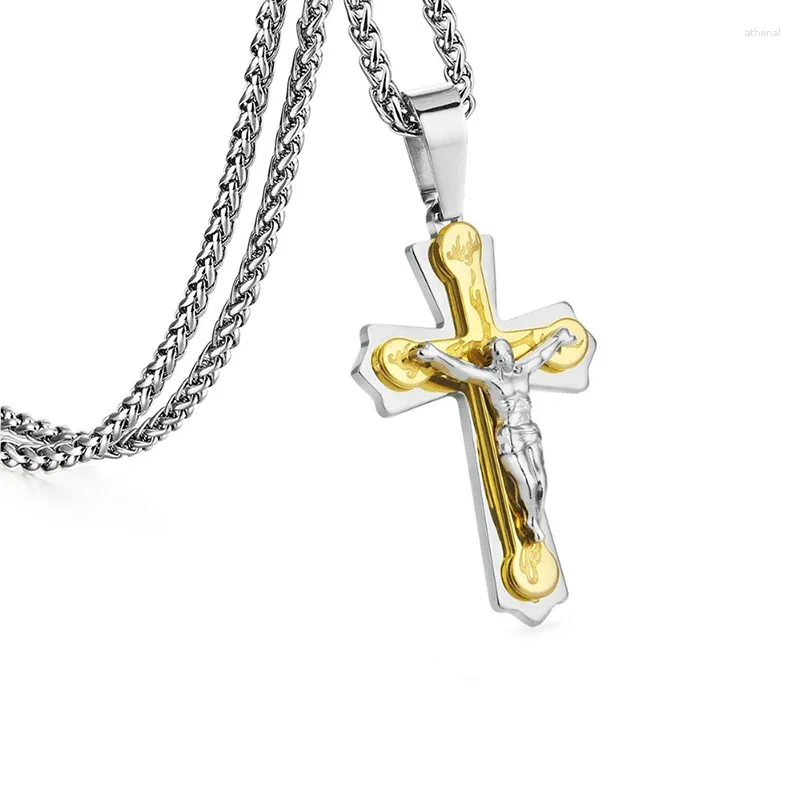 Anhänger Halsketten religiöses Feuer Jesus Christus Kruzifix Kreuz für Männer Jungen Edelstahl Kette Dad Geschenke Schmuckbehälter