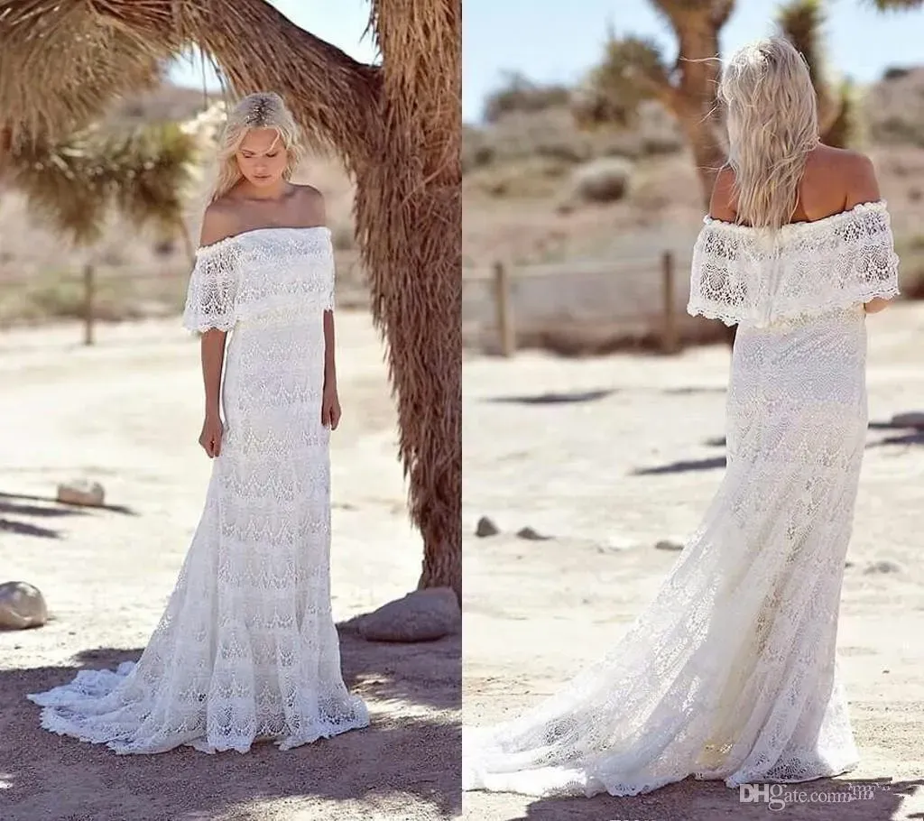 Kleider Bohemian Spitze Brautkleider eine Linie vor dem Schulterland Hochzeitskleider Boho Beach Brautkleider Vestidos de Novia Custom MAD