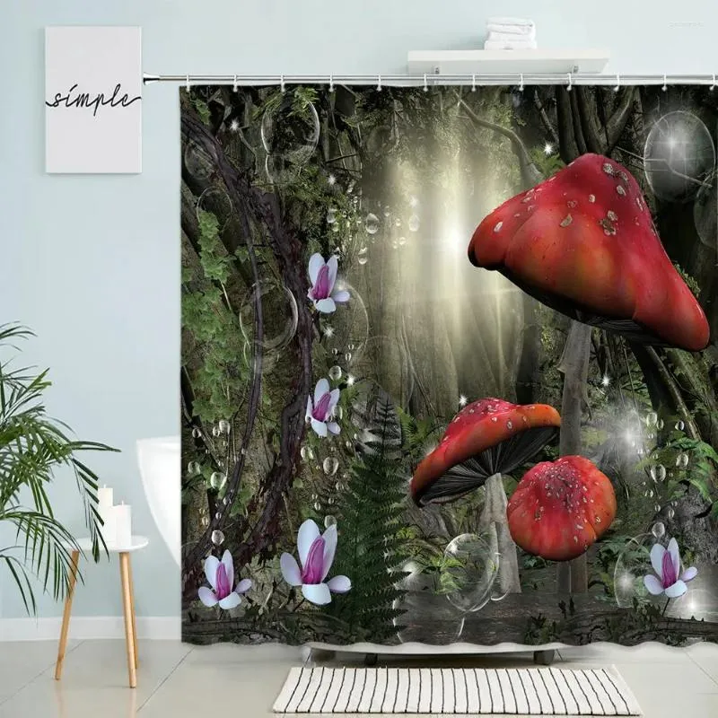 Duschgardiner Cartoon Fantasy Forest Scory Curtain Fairy Tale Svamp växtblomma barn badrumsdekor med krokvattentät skärm