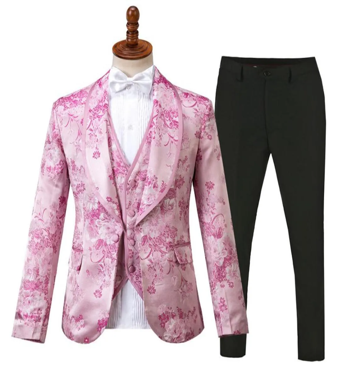 Gwenhwyfar yeni moda erkekler düğün damat smokin takım elbise pembe çiçek baskılı adam takım elbise kostüm homme blazervesttrousers4236051