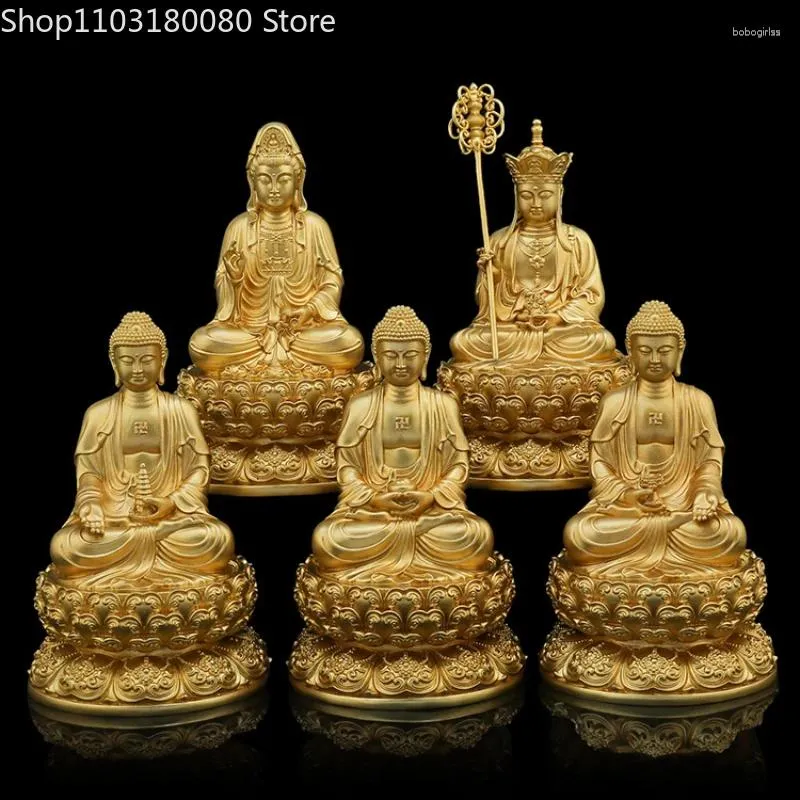 Estatuetas decorativas de 10 cm de bronze de cobre dourado sakyamuni amitabha buda guanyin ksitigarbha estátua portátil chinesa bolso pequeno