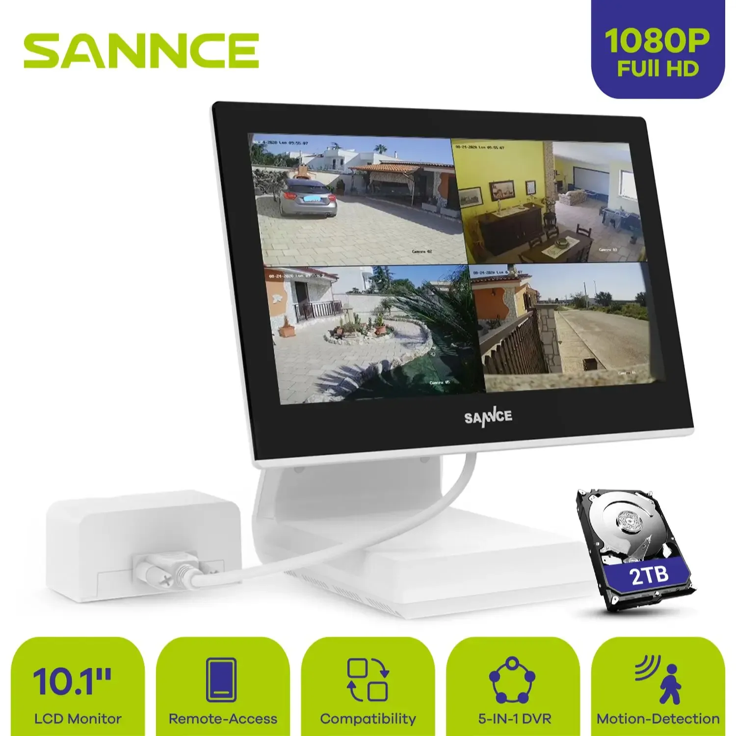 Inspelare Sannce 4 Channel 5MPN Allinone DVR med 10 "1 LCD -monitor för 1080p/2MP/5MPN CCTV Säkerhetsövervakningskamera