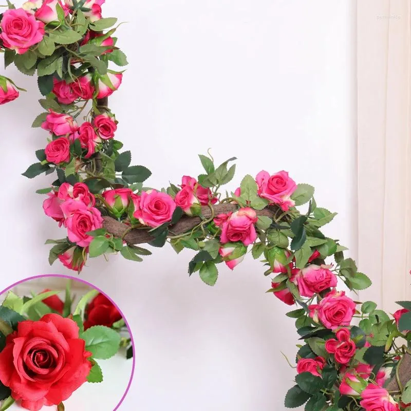 Flores decorativas Plantas artificiais Videira Fake Flower Seda Rosa para quarto Decoração de festas de casamento Planta de decoração de fundo do jardim