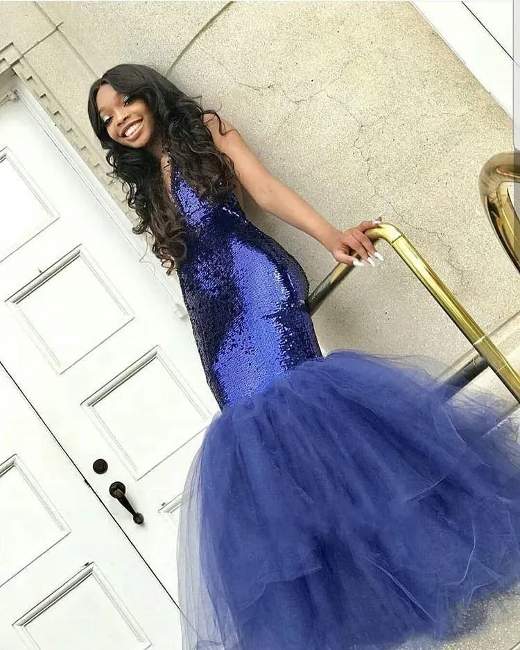 Dresses Fabulous Blue Mermaid Sequin Prom Dresses Long Party Dresses Tulle Train Sweet 16 Graduation Gowns Deep V Neck Formal Evening Dres