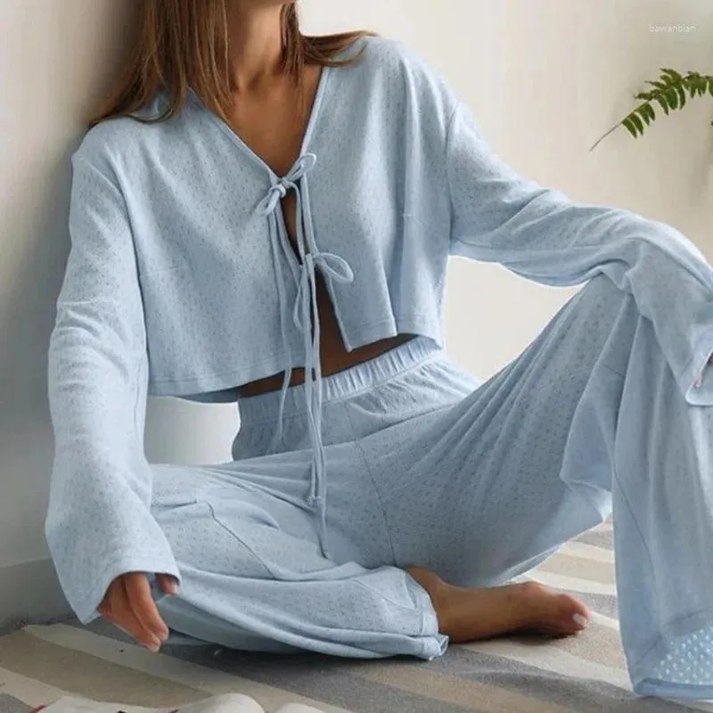 Ropa para el hogar mujer ropa de casa de dos piezas juego de pijamas elegante y2k tejido de manga larga tapa de la cintura alta pantalones sueltos