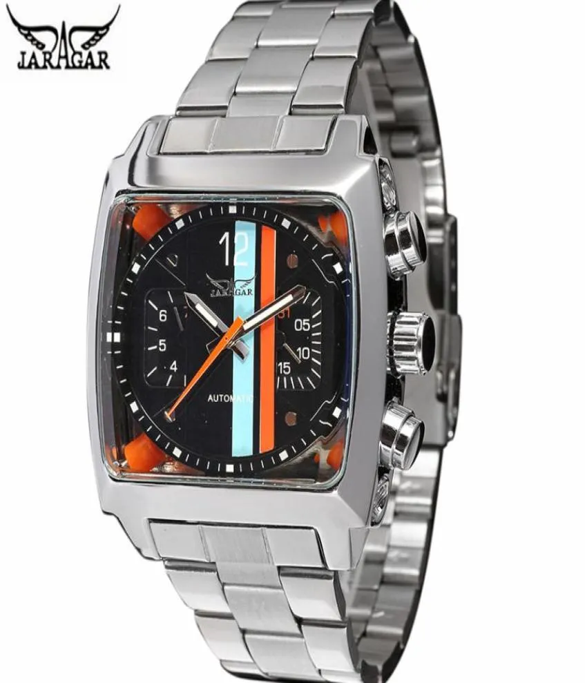 Jaragar en acier inoxydable carré boîtier transparent arrière de haute qualité Mouvement automatique Men039 Mélange mécanique Wristwatch Relogi5007043