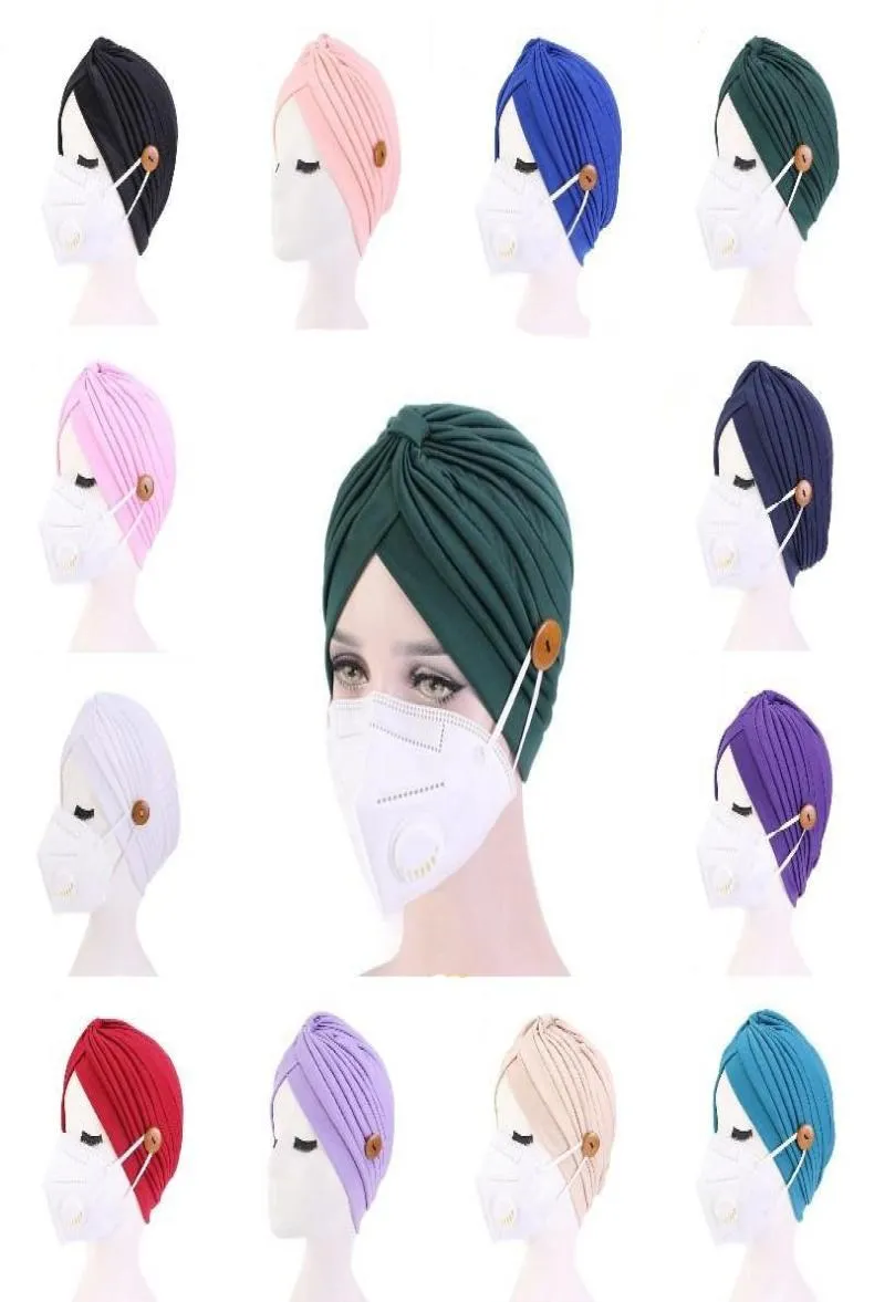 Women Turban Hats Mask Headband with Button Indian Caps Stopper Pure Hat Turbante Headwear Adult Bandana Hijab Towel Hair Accessor8606899