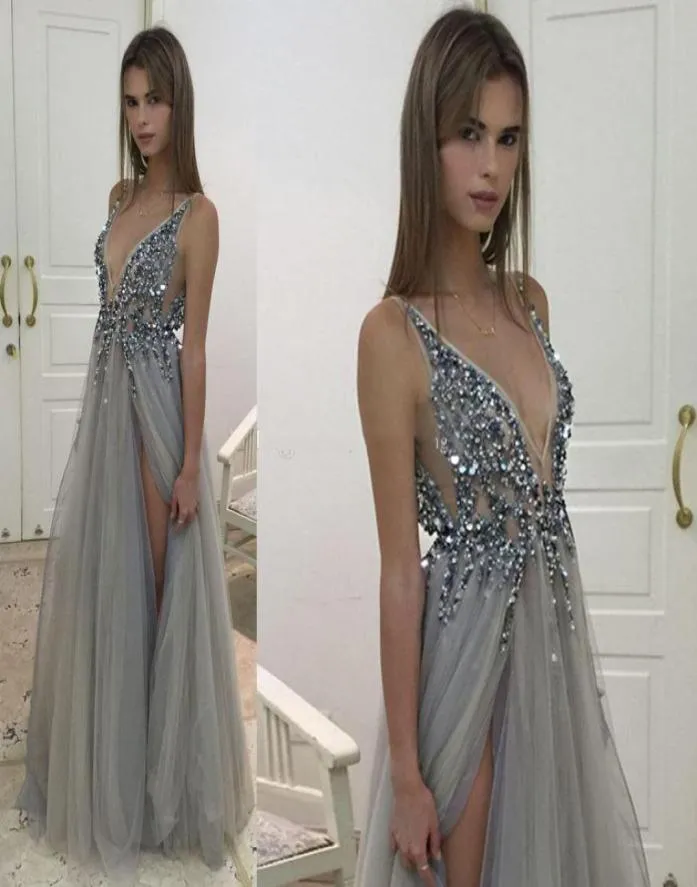 Schijnend Deep V Neck -prom -jurken Backless kralen pailletten tule Side Split Evening Jurk Plunging Sexy Celebrity Party -jurken van 3766454