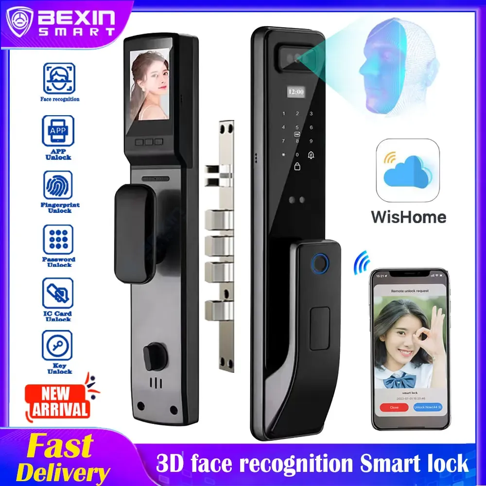 Lock Wholesale 3D Face Recognition Smart Door Lock Security Camera Monitor Intelligent Fingerprint Password Electronic Key Unlock