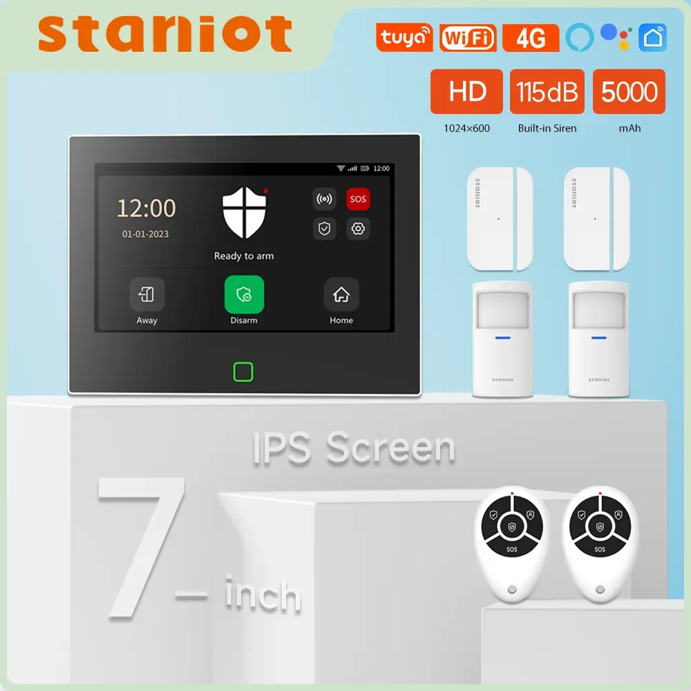 Kit Staniot 7 tum trådlös WiFi 4G Tuya Smart Home Alarm System Support 8 Wired Zone Security HD Panel med 5 års inträdesgivare