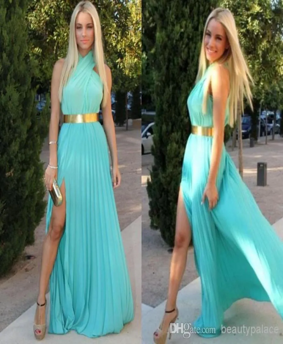 2020 Top Selling Evening Gown Halter Side Slit Pleats Chiffon FloorLength Evening Formal Bridesmaid Prom Graduation Dresses with 6959404