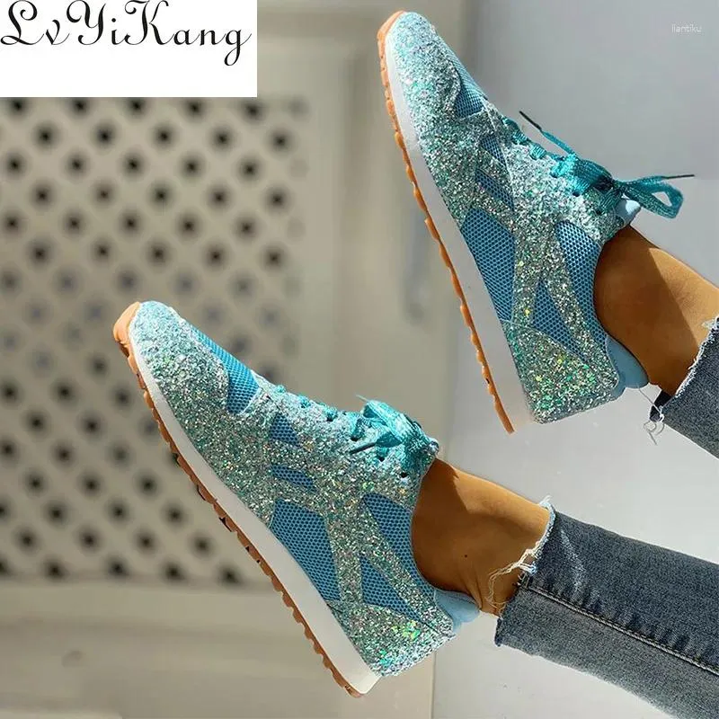 Fitness schoenen vrouwen plat glitter sneakers casual bling gevulkaniseerd vrouwelijk mesh veter platform comfort plus size mode dames herfst