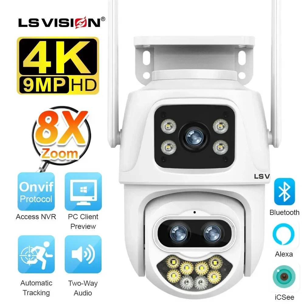 Cameras LS Vision 9MP 4K Three Lens WiFi IP Camera Outdoor 8x Zoom Double écrans PTZ Cameras AI Suivi Auto Tracking CCTV Security Cam ICSEE App