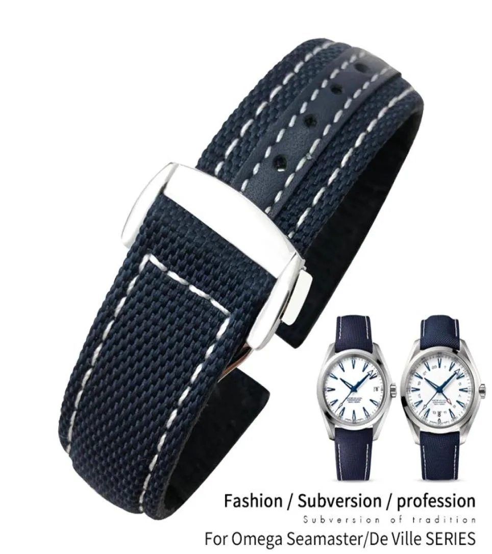 Watch Bands 19mm 20mm Nylon Canvas Watch Strap For Omega Seamaster 300 AT150 Fabric Leather AQUA TERRA 150 Blue 21mm 22mm Watchban5541199