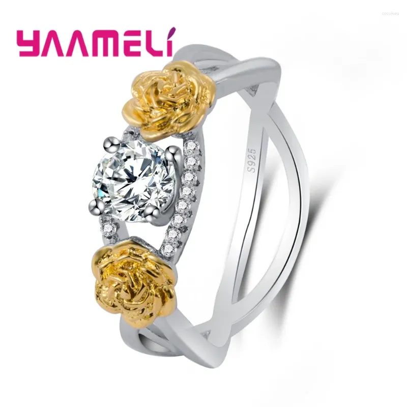 Cluster Rings Round Clear Cubic Zirconia Finger Fashionable 925 Sterling Silver With Two Beautiful Gold Flowers For Women Girls