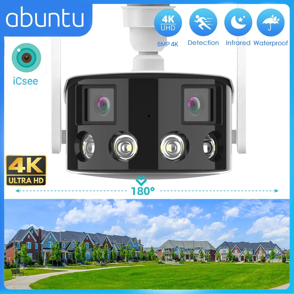 Câmeras 8mp 4K Câmera IP Wi -Fi Outdoor ao ar livre 180 ° de largura ângulo de vista panorâmico Câmera de vigilância de lente dupla detecta câmera de segurança de 4MP de 4MP