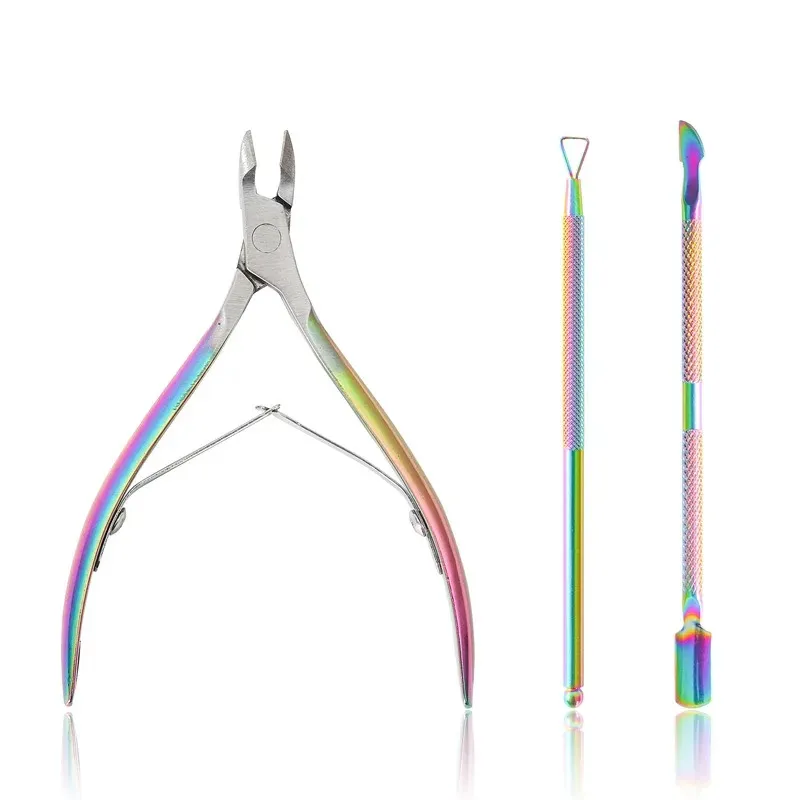 3 pezzi Set Rainbow in acciaio in acciaio in acciaio in acciaio scissori unghie sparali Dead Skin Gel Sollect Remover Nail Art Manicure Care Tools forbici in acciaio inossidabile