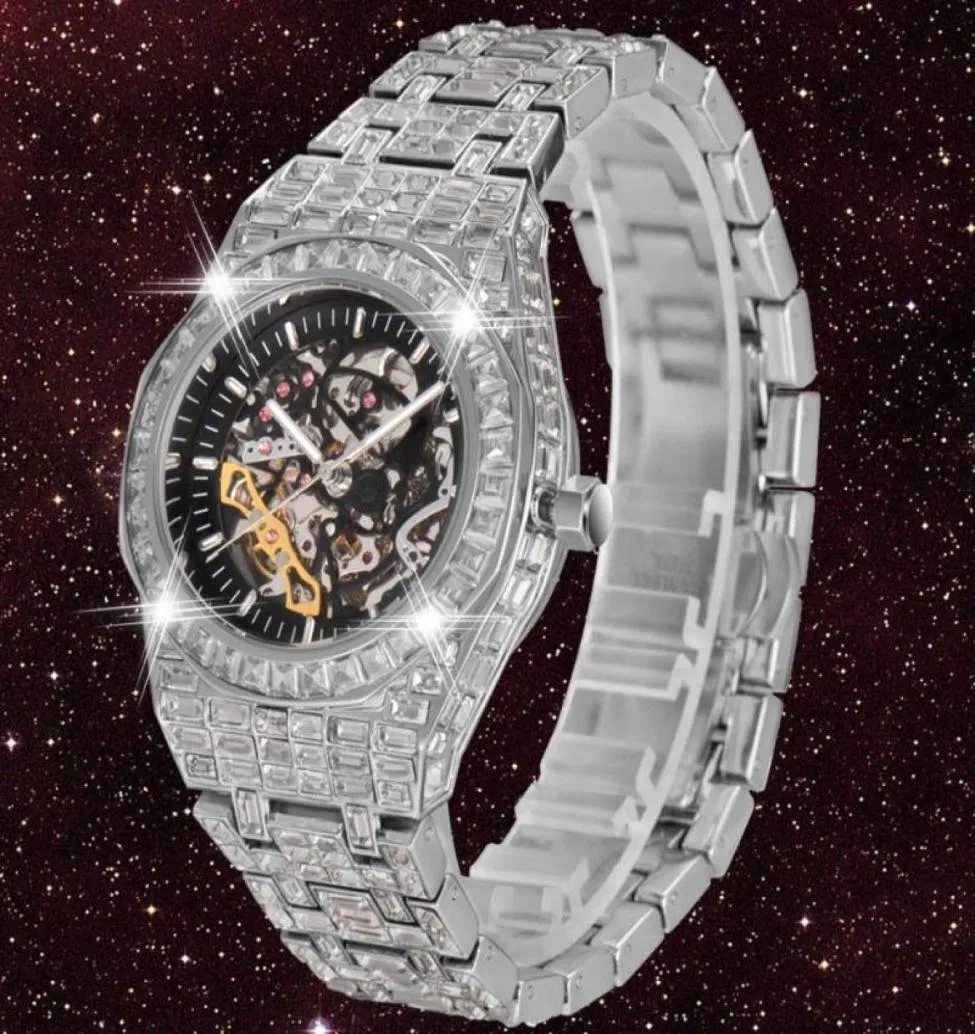 Skeleton Mechanical Watch Men Tourbillon Automatic Mens Watches Hip Hop Iced Out Diamond Wristwatcch Around CZ Reloj Hombre Wristw7503683
