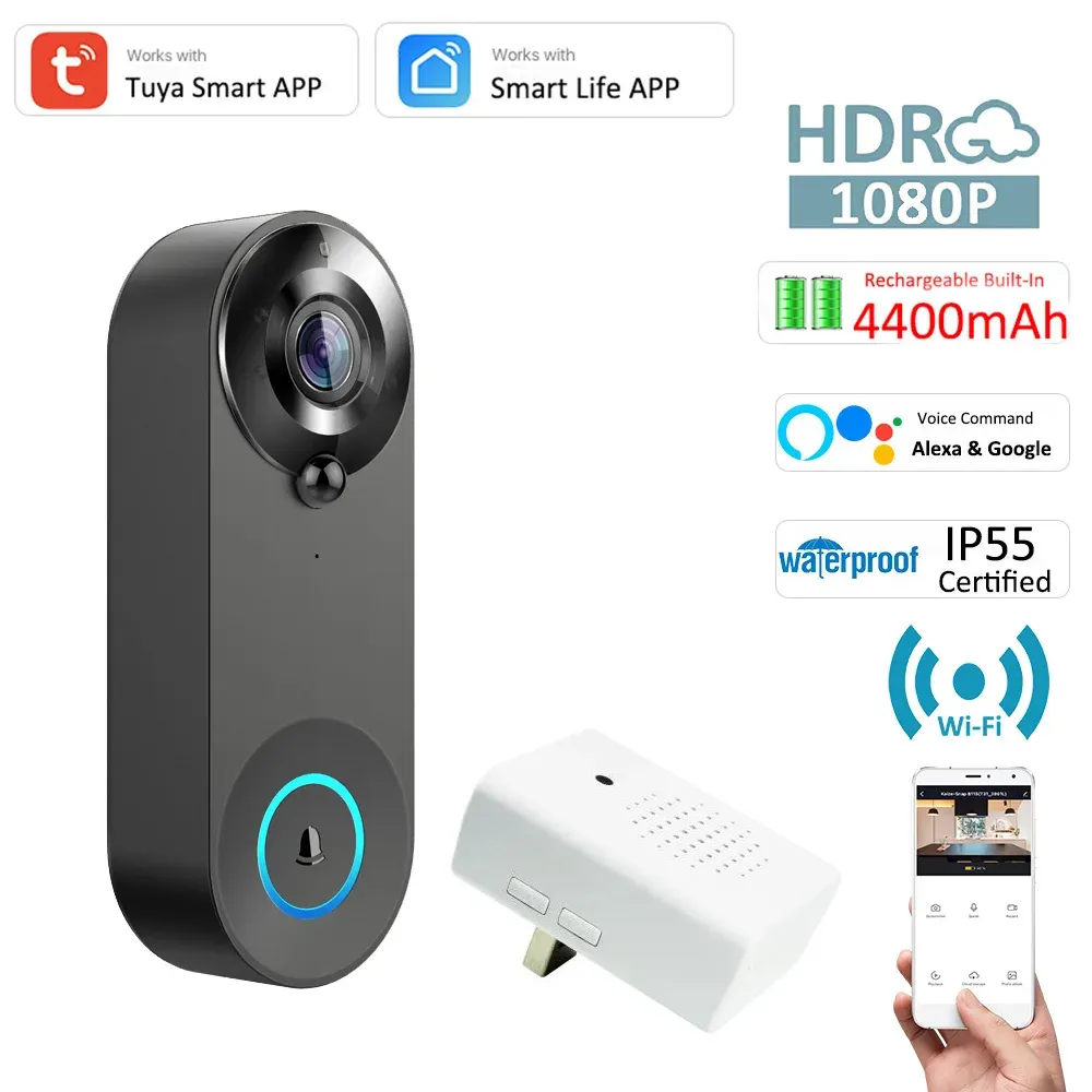 ドアベルチュヤスマートビルトイン4400MAH充電式バッテリービデオドアベルカメラ1080p Twoway Audio Alexa Google IP55 Outdoor Doorbell