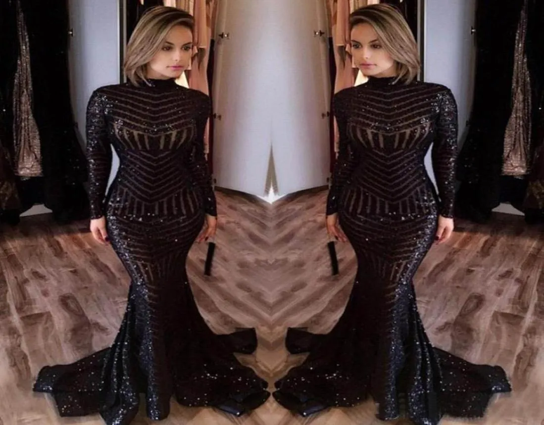 2017 Michael Costello Abiti da ballo a maniche lunghe bling bling paillettes nere con paillettes al collo alto abiti da celebrità sexy serata dr1053922