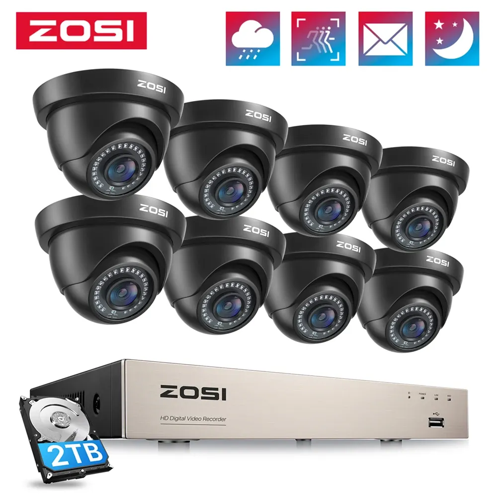 SYSTEEM ZOSI 1080P Video Surveillance System 8ch HDTVI 1080P H.265+ CCTV DVR met 8 stks HD 2.0MP in/Outddor Dome Security Camera's Kit