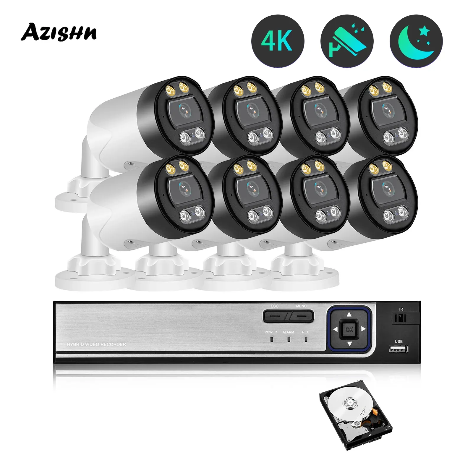 System Azishn 8MP 4K IP Bullet Camera 8CH NVR CCTV System Kit Outdoor Waterproof Two Way Audio Security Surveillance Protection Camera