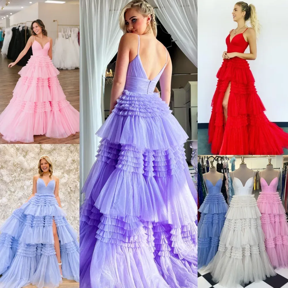 Robes à ébourilles couches de robe de bal ajustées paillettes en tulle haute jupe à fente dame préadolescente adolescente concours de fête de fête formelle invité de mariage rouge