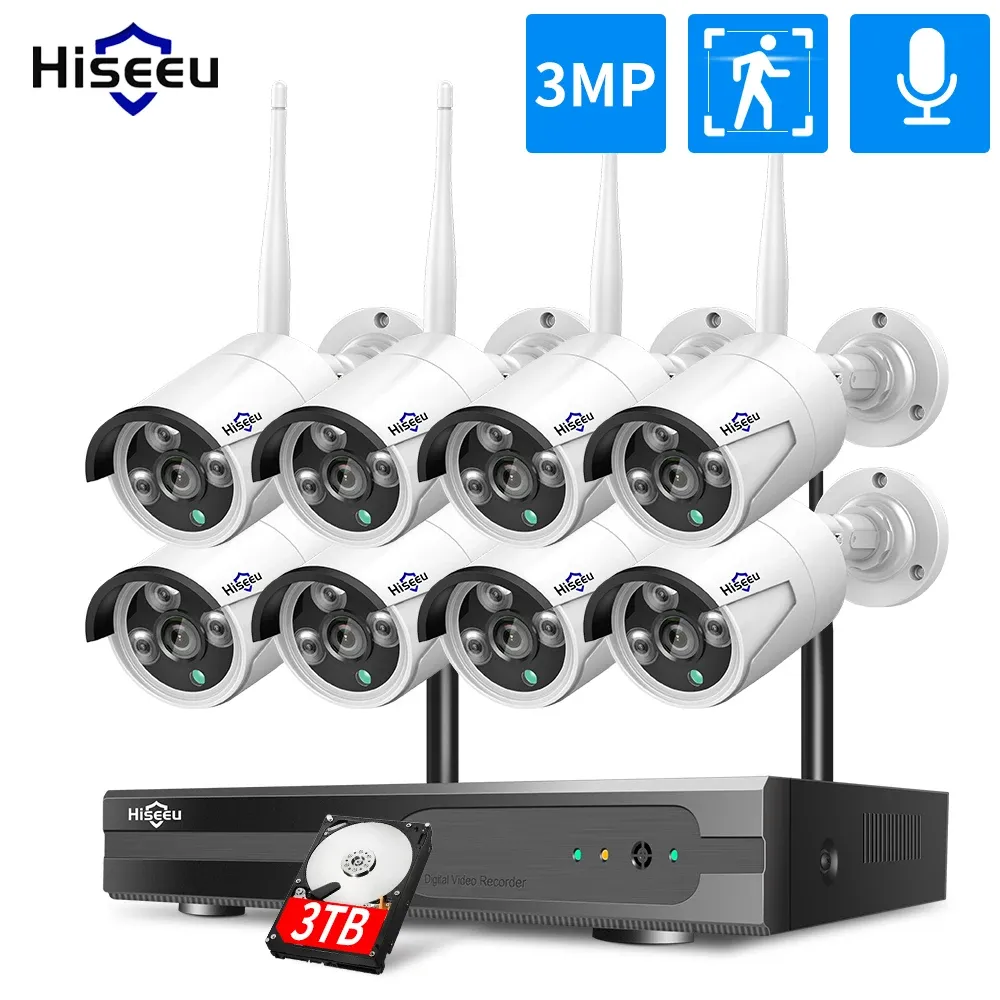 Intercom Hiseeu 1080p 1536p H.265+ Wireless Cctv System 8ch 3mp Hdd Nvr Kit Outdoor Audio Ip Wifi Camera Security Surveillance Set