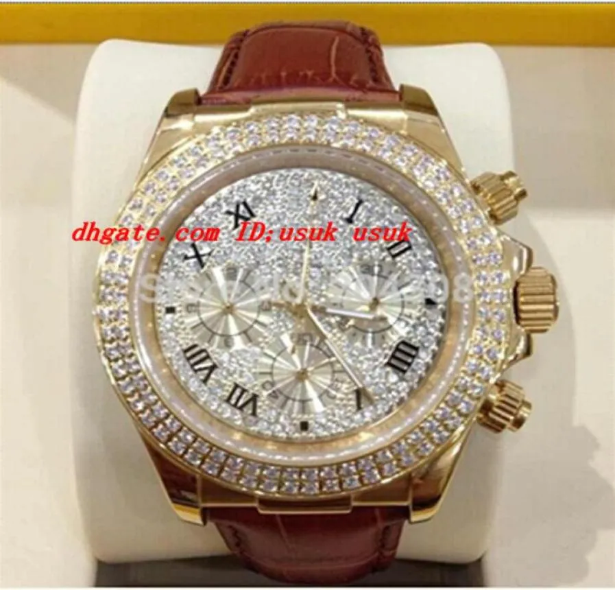 Brandneue Männer sehen 18k Gelbgold Diamant Dial 116509 Automatische mechanische Bewegung Lederband mit Geschenkbox2565823