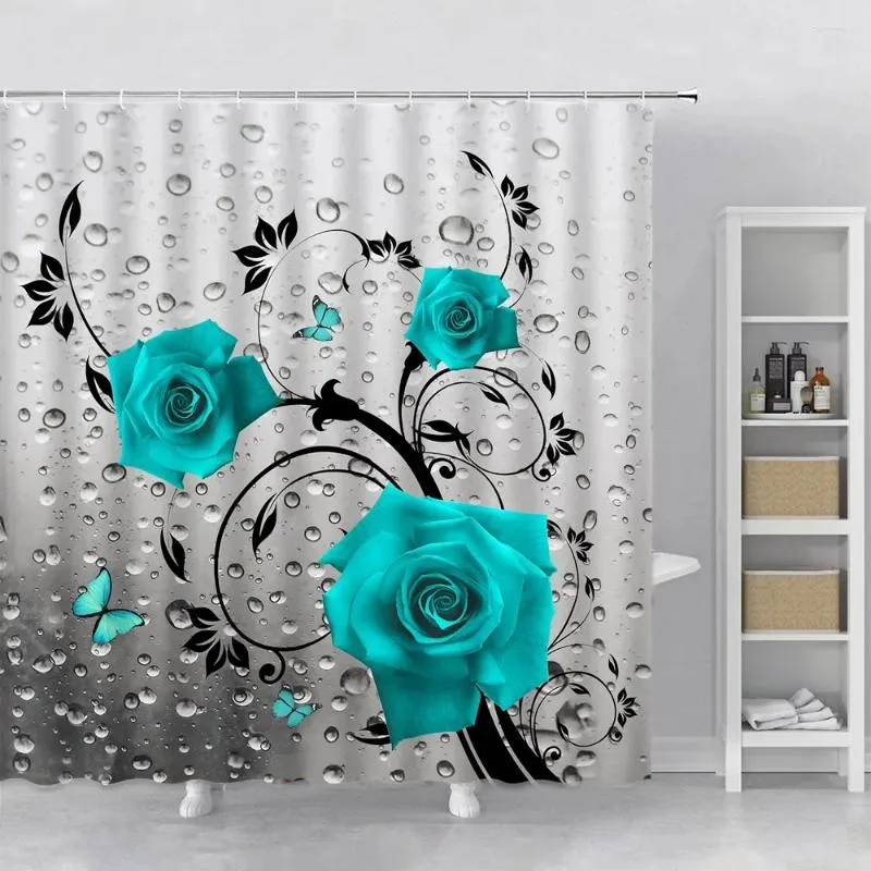 Shower Curtains Flower Curtain Set Orchid Teal Rose Plant Floral Leaves Print Bathroom Decor Fabric Bath Bathtub Accessories Hook