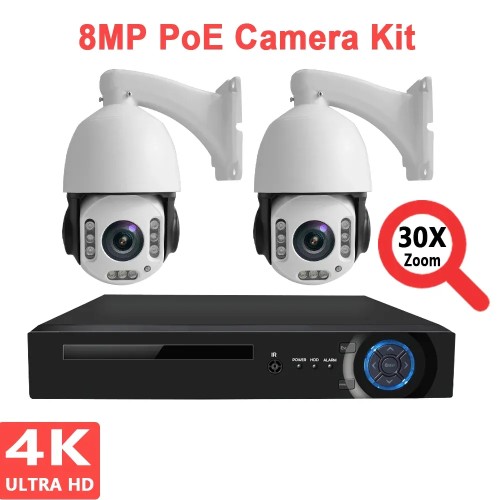 Sistema 4K 8MP 30x POE IP PTZ Sicurezza Camera NVR Kit 4K Speed Dome Camera NVR Kit di sistema di sistemi di sistema con cavi Adattatore POE