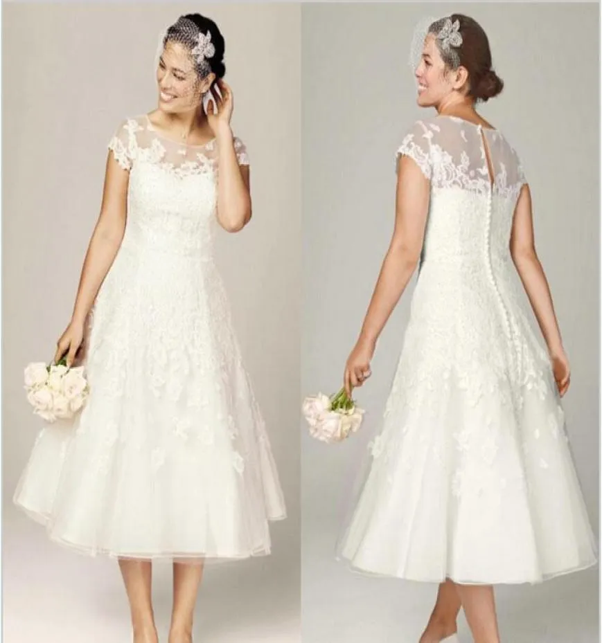 Sheer Lace Wedding Dresses With Illusion Halsring Kort ärm Tea längd Brudklänningar Applikationer 2015 Plus Size Bröllopsklänningar7132136