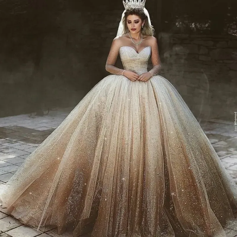 Dresses Luxury Sequined Tulle Wedding Dresses Sheer Jewel Neck Long Sleeve Wedding Gown SparKly Fluffy Corset Ball Gown Dubai Wedding Dres