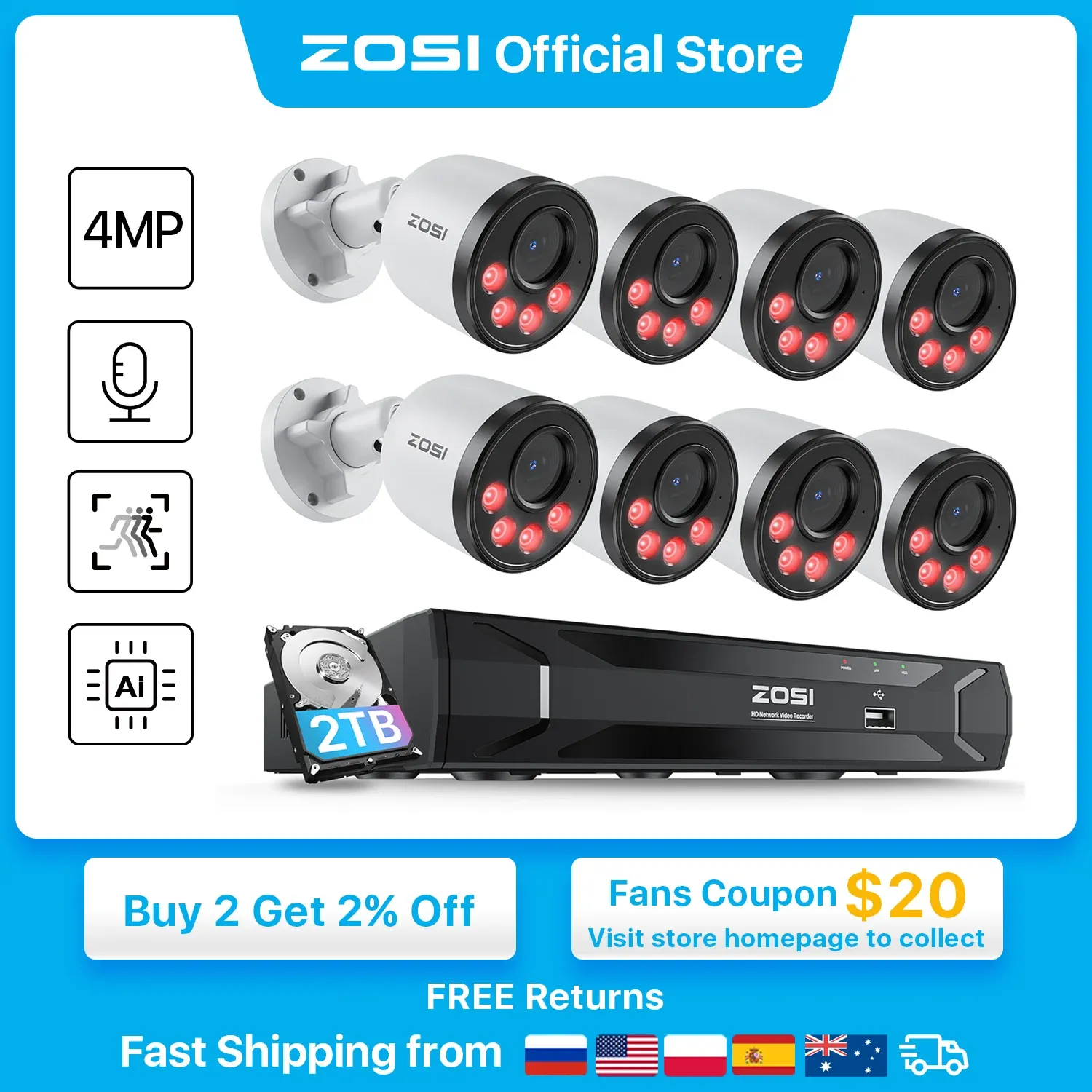 Système Zosi 8ch Poe Security Camera System H.265 + 5MP 8 canaux NVR 4MP HD OUTDOOR POE IP CAMERA 25FP