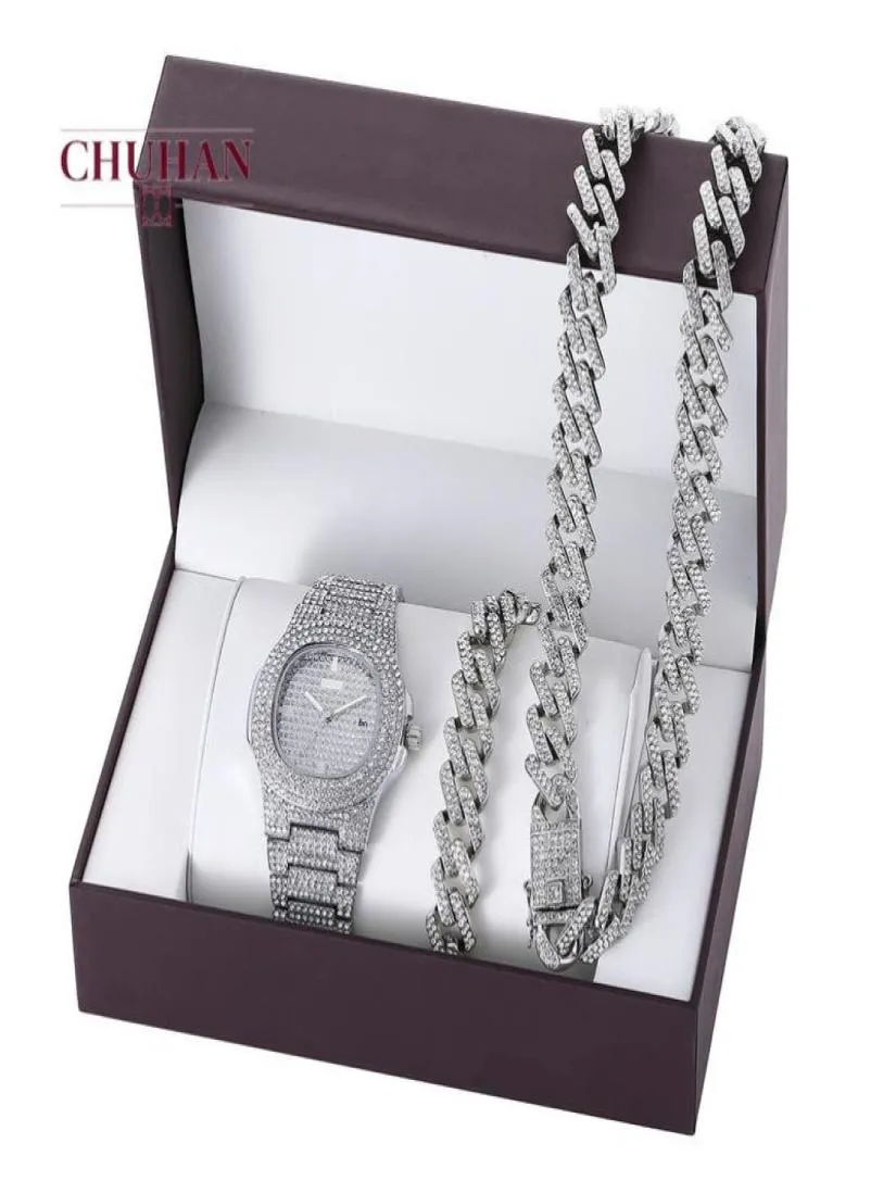Titta på Chuhan 3PCSSet Hip Hop Kuba -kedjor Ised Out Necklace Set Fashion Luxury Diamond Inlaid Steel Band Quartz Watch Armband J1187025