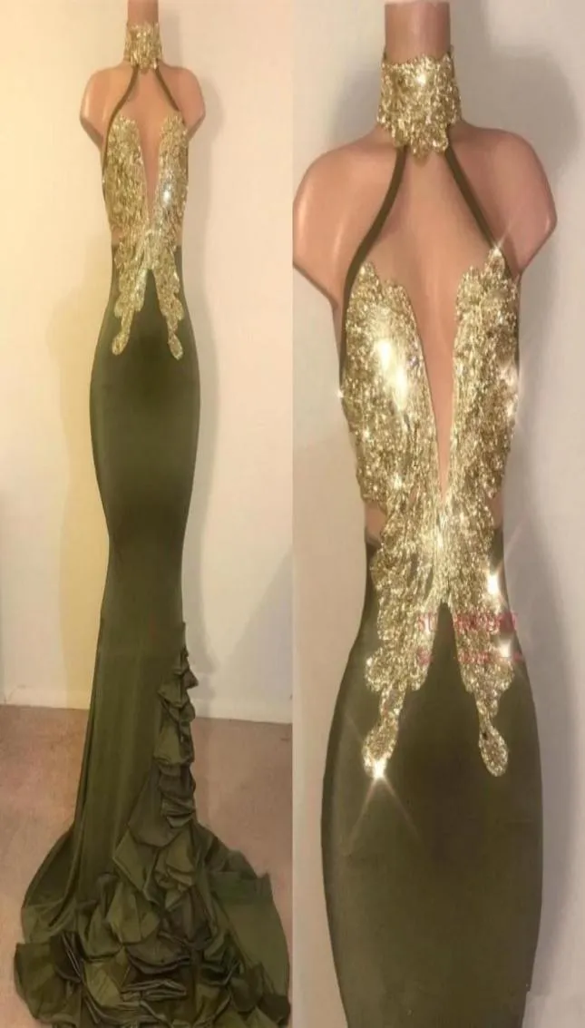 Sexy Mermaid Olive Green Prom Dresses Halter Neck Gold Appliques Satin Satin Satinado Long Vestidos Vestidos Custom hechos P1417956