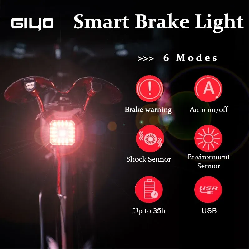 Lumières Giyo Cycling Failloir arrière Bicycle Smart Auto Frein LED Lampe LED imperméable Usbcharging Bike Light Lanterna Bicicleta